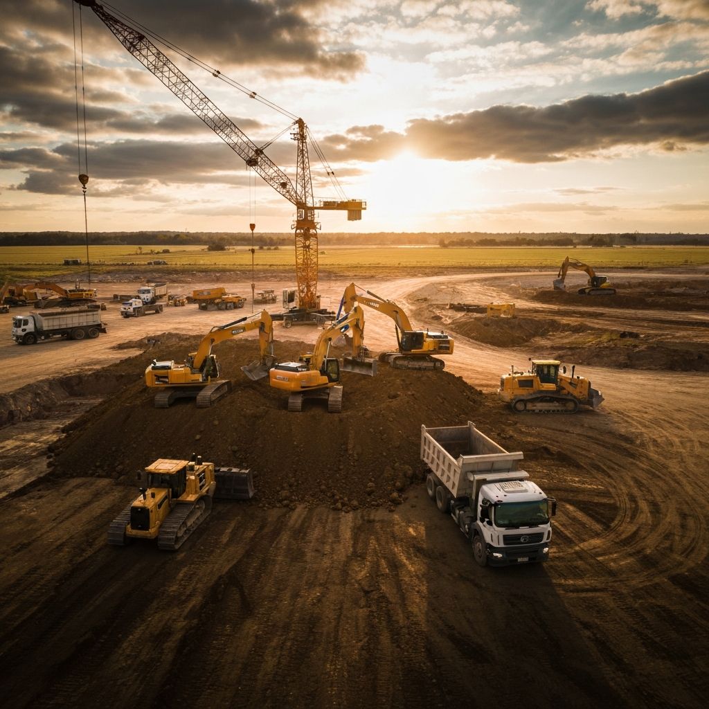 Heavy construction equipment at work on a large job site